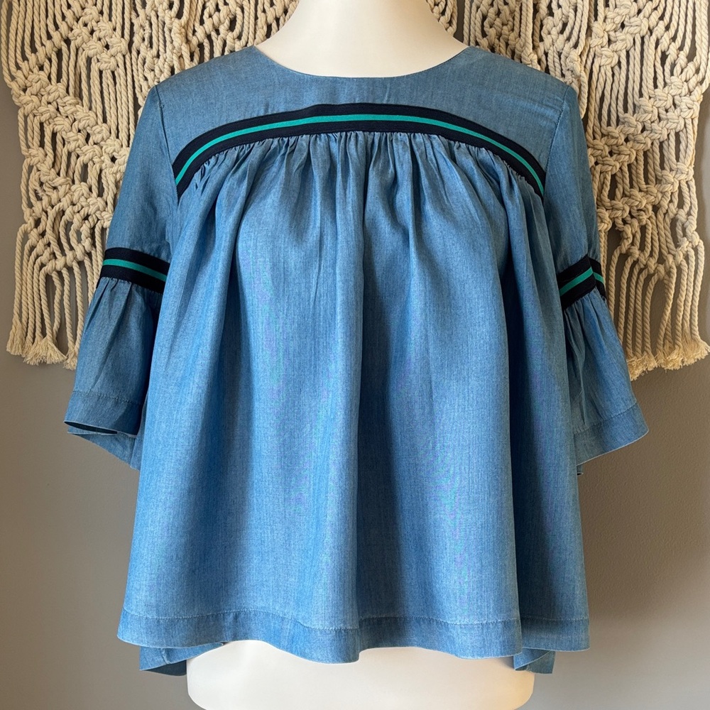 crown & ivy Blue Blouse with Navy and Green Stripes